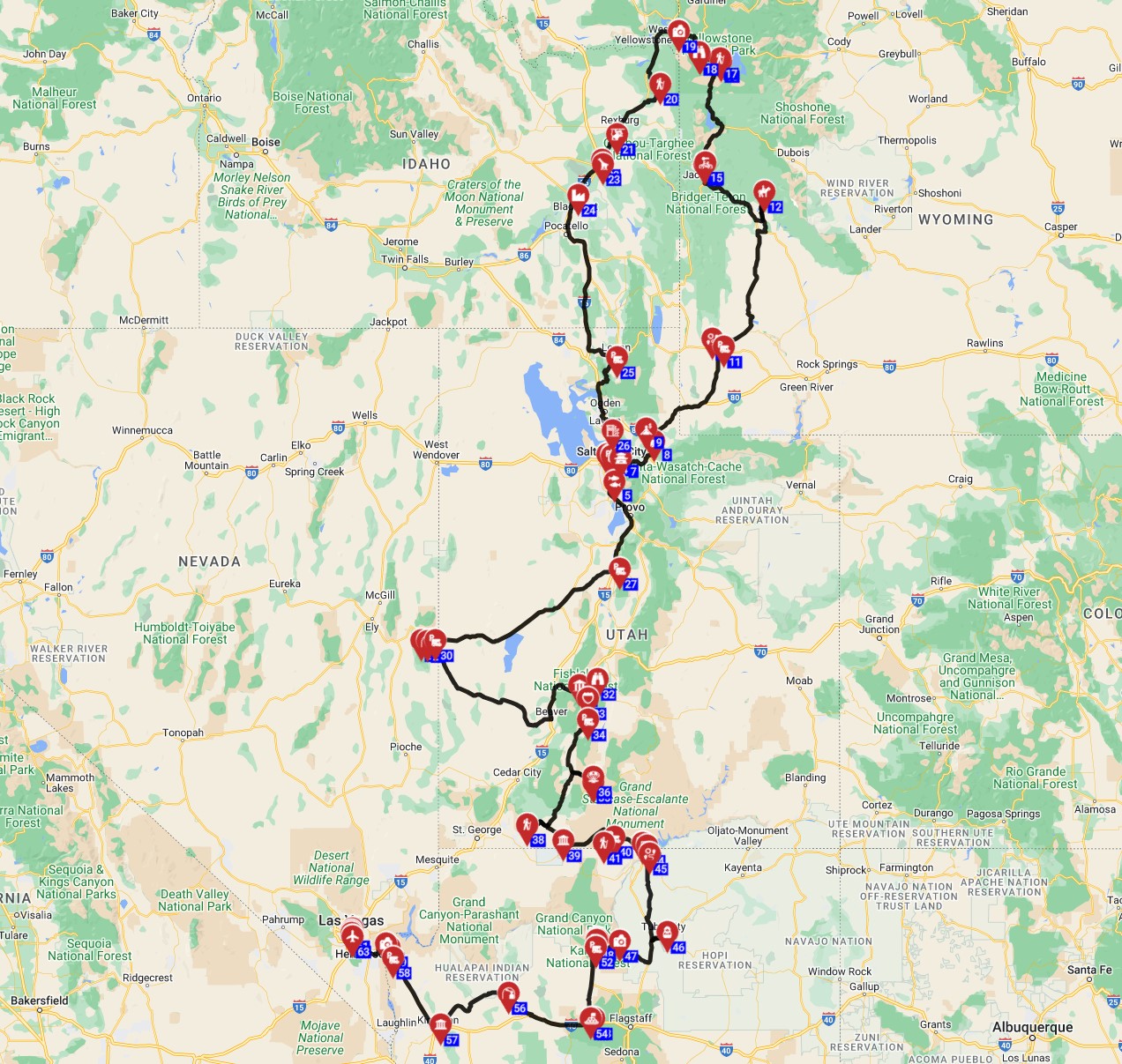 USA motorhome road trip planner with an RV from Salt lake city to Las Vegas